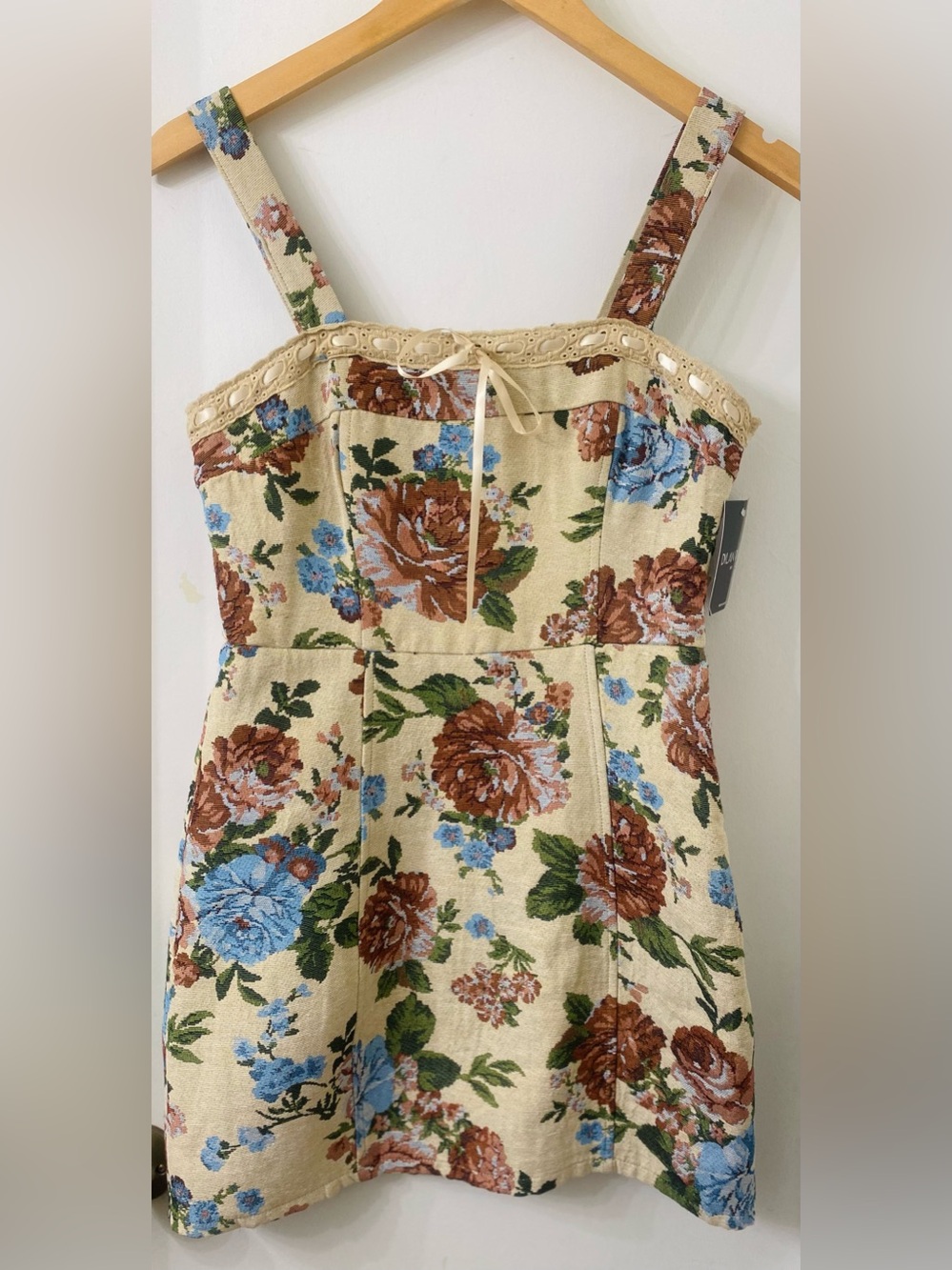 Floral Lace-Trim Mini Dress in Cream and Blue